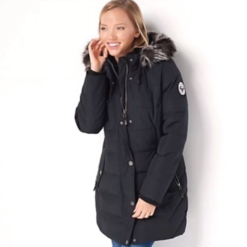 Women Black Winter Down Parka Coat XL Warm Jacket with Fur Hood‎ Removable Hood